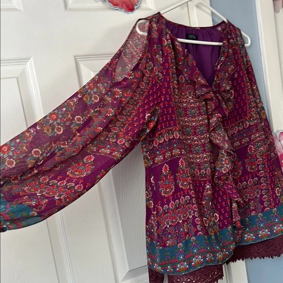 1. State Red and Purple Tie Front Ruffled Blouse - Picture 8 of 11